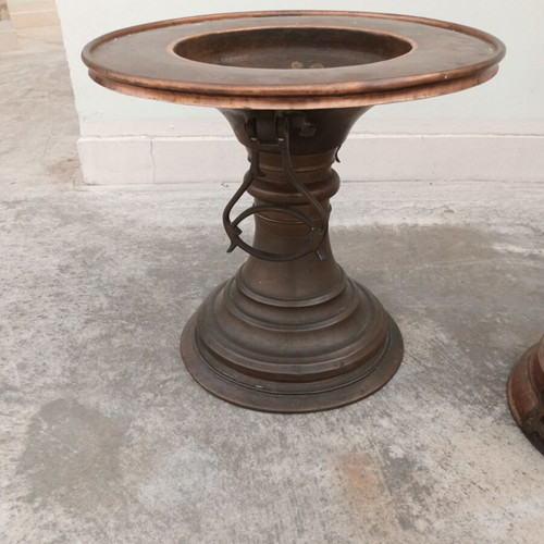 Old copper brazier used with brass handles and decorative bird