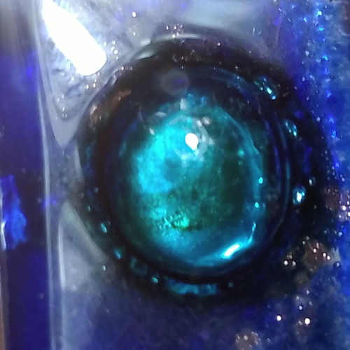 Handmade glass ring in blue and green with gold flakes, new, adjustable