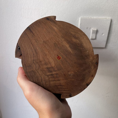 Vintage wooden coaster set 6 pieces with carved design and holder