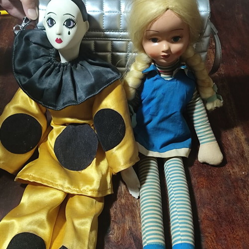 Collectible dolls used, French porcelain Harlequin and Italian 70s