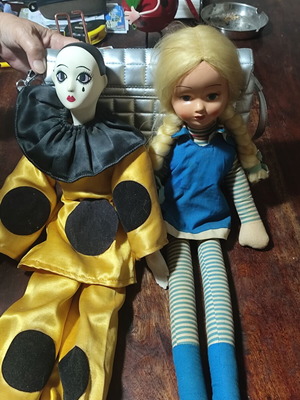 Collectible dolls used, French porcelain Harlequin and Italian 70s