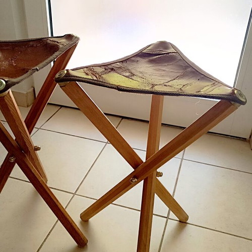 Wooden folding tripod stools refurbished, set of 2