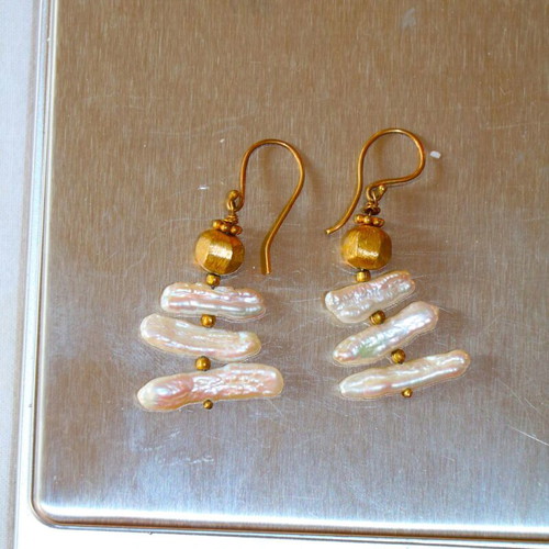 Gold Earrings Raw Pearls with 22K Gold Plated Clasp New