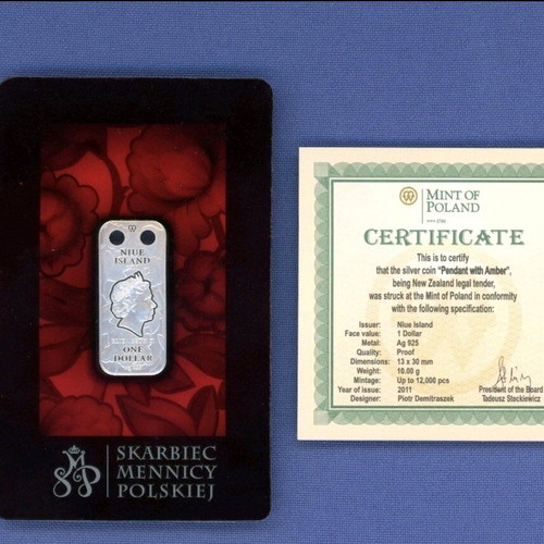 Silver coin-pendant 1$ Niue Island with amber, proof and certificate
