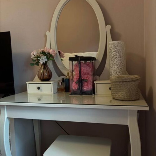 Bedroom boudoir vanity set with mirror and stool, white wood