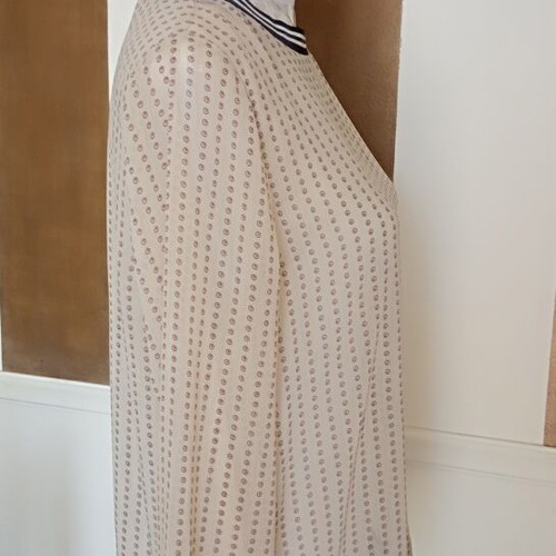 Semi Sheer Blouse M Beige and Black like new, polka dot with striped trim