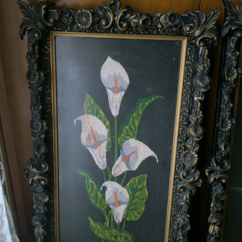 Embroidered frames with handmade woodcarving, set of 2 pieces