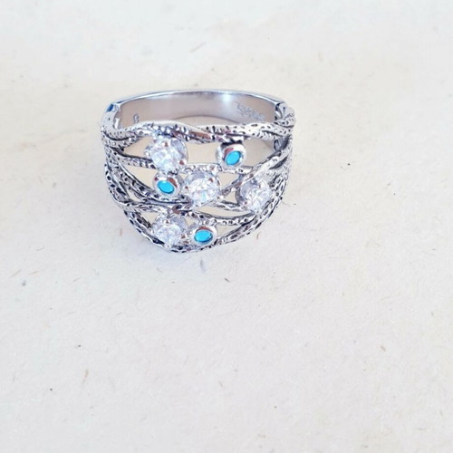 925 Silver Solid Ring Vintage 70ies with Turquoise and Cubic Zircon Like New
