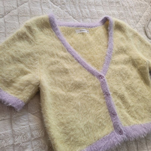 Reserved crop top short sleeve shirt like new, purple and yellow, size XL
