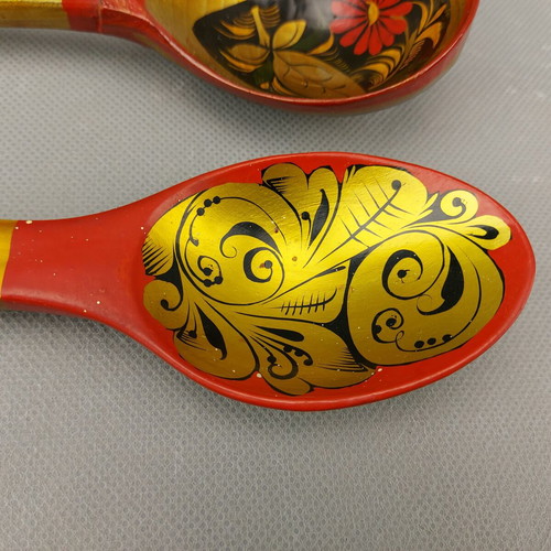 Old Hand-Painted Set of Two Russian Khokhloma Wooden Spoons Used