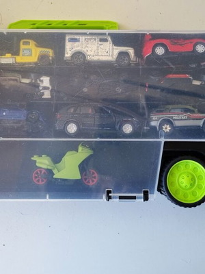 Dickie Toys Transporter truck with 12 toy cars and LEGO motorcycle