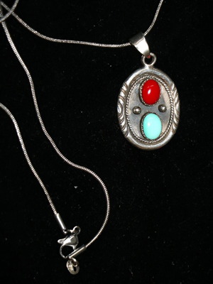 Pendant Chain Necklace Turquoise Coral Sterling Silver 925 New