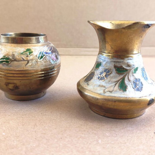 Brass decorative containers used with enamel, set of 2 vintage 1960s–70s