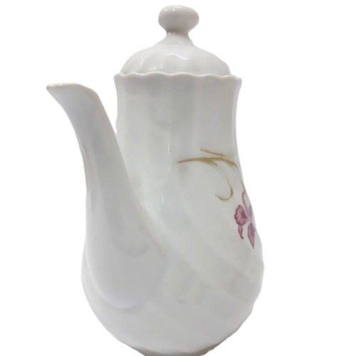 Vintage porcelain coffee pot with lid used, floral pink and gold