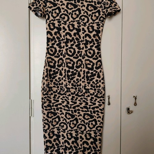 Leopard Midi Dress Like New with Slit in Black and Beige