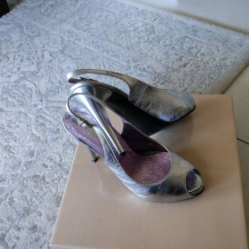 Peep-toe shoes used, Italian, genuine leather, silver, size 37, 11 cm heel