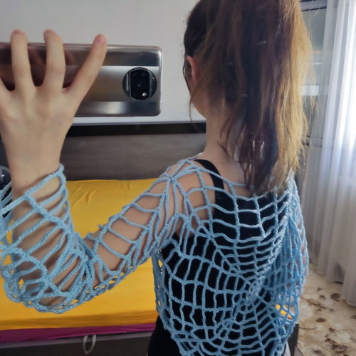 Handmade knitted blouse with spider web pattern, new, blue