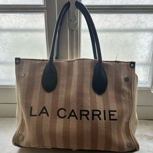 La Carrie large tote bag used, beige striped canvas with leather handles