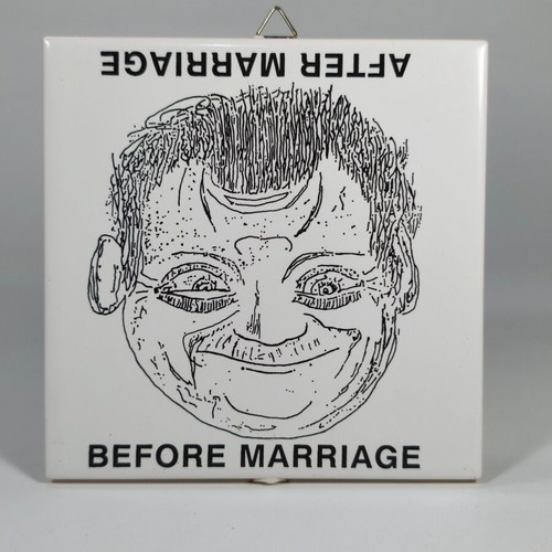 Vintage Greek porcelain decorative tile Before and After Marriage used