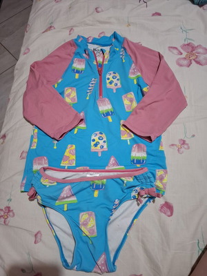 Hatley girls' swimsuit set like new, ages 5-7, blue and pink