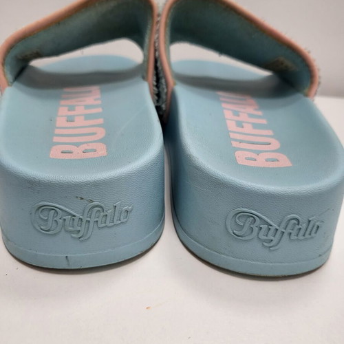 Buffalo slides used, blue with pink logo, terry cloth