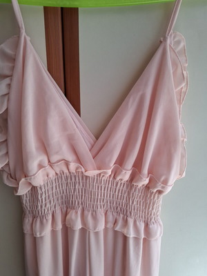 Jumpsuit pink, like new, with smocked waist and ruffles on shoulders