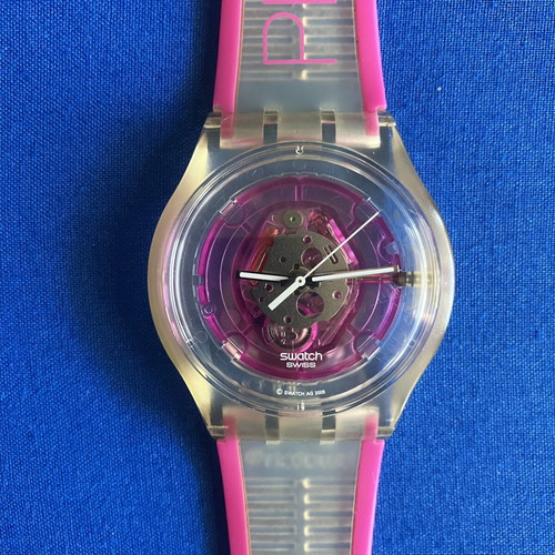 Swatch wristwatch with battery, pink silicone strap