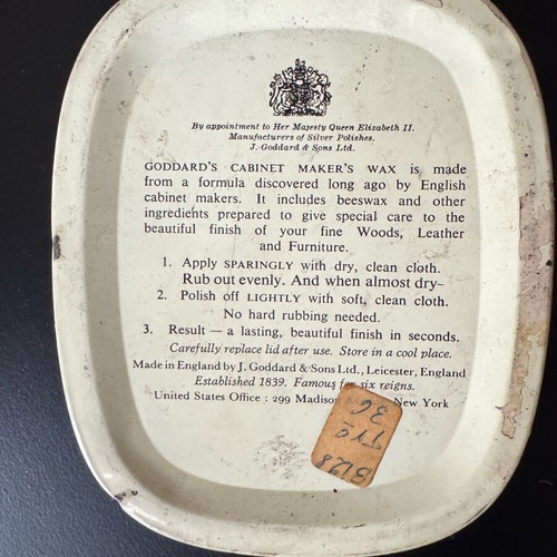 Collectible metal Goddard’s Cabinet Makers Wax box used, vintage 1950–60