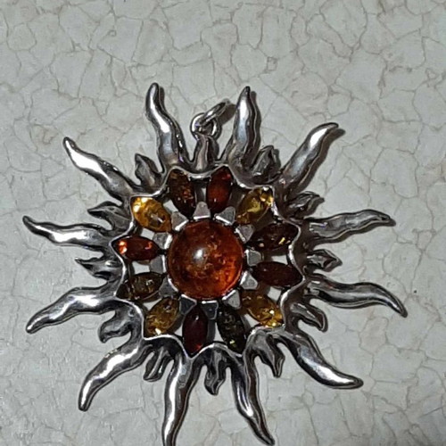 Sun pendant with Baltic amber in 925 silver, new, unworn