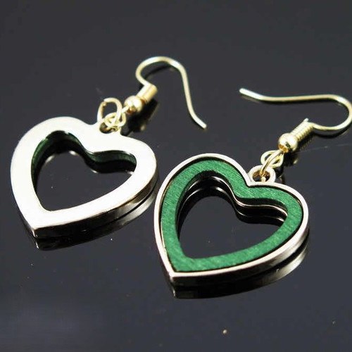 Heart earrings new, green wood with gold metal frame
