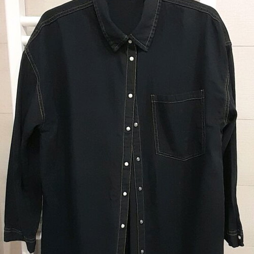 Bershka oversized women's denim shirt used, blue-black with brown stitching