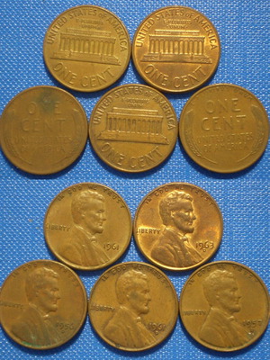United States of America 1 Cent coins used, pack of 5, 1956D-1957D-1961-1961D-1963D