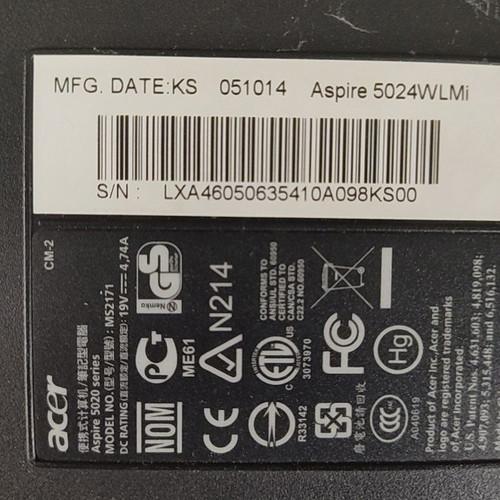 Acer Aspire 5024 laptop used with power adapter and Windows XP