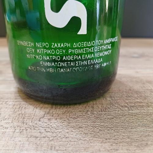 7UP vintage glass soda bottle 1 liter used, Greek labels