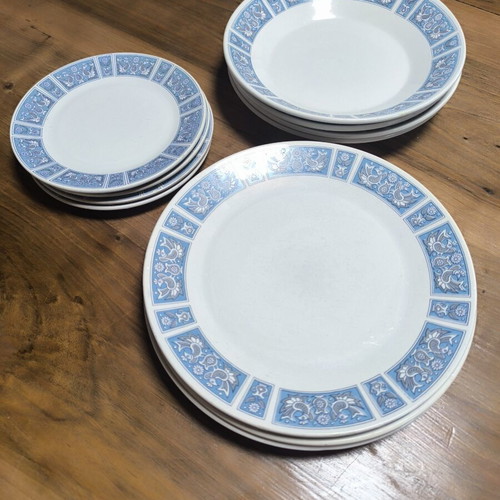 Keramikos vintage set of 12 ceramic plates with blue folk motif