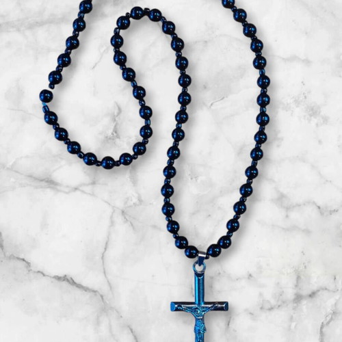 Necklace new with metal cross and hard resin beads