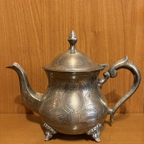 Vintage EPNS Silver Plated Teapot used, oriental design with feet