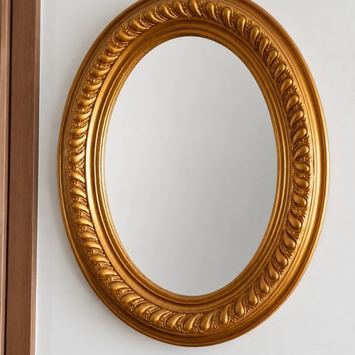 Gold Oval Mirror used, classic solid wood with plaster decoration 63x51.5 cm