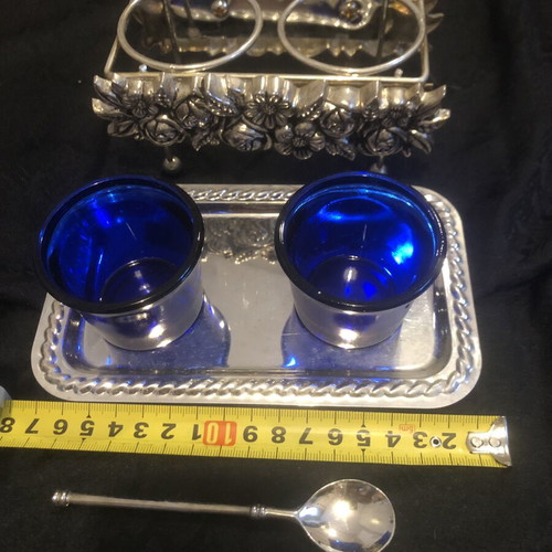 Vintage Art Nouveau salt and pepper set with cobalt blue glass, like new