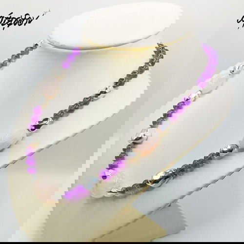 Ασημένιο 925 κολιέ καινούργιο με ροζ χαλαζίες και αμέθυστους 53 εκ