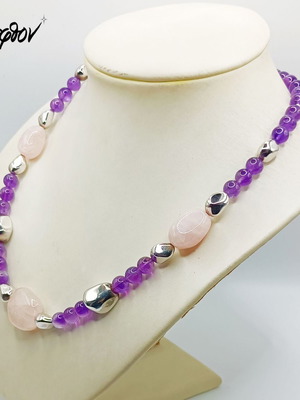 Ασημένιο 925 κολιέ καινούργιο με ροζ χαλαζίες και αμέθυστους 53 εκ