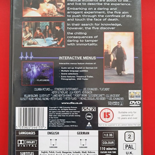 Flatliners DVD like new, action thriller 1990