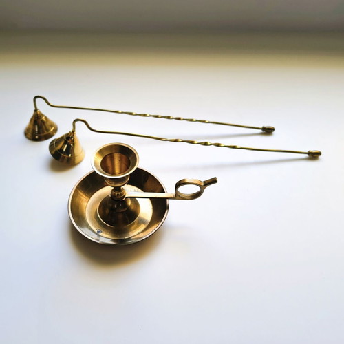 Brass candlestick set and 2 candle snuffers like new