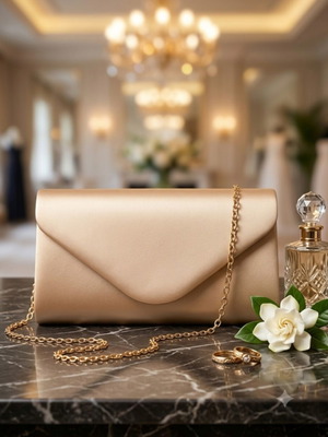 Gold clutch bag with chain, matte champagne finish