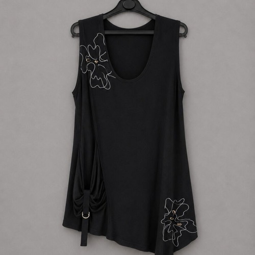 Black Asymmetric Sleeveless Blouse with Floral Design, like new, size L