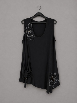 Black Asymmetric Sleeveless Blouse with Floral Design, like new, size L