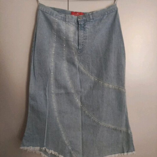 Madlen denim asymmetric skirt like new with white fringes and pocket