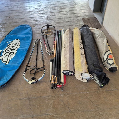 Windsurfing full set with board, sails, masts, booms, and accessories