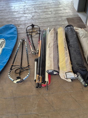 Windsurfing full set with board, sails, masts, booms, and accessories