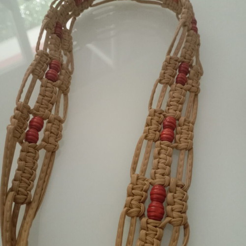 Handmade belt with wooden beads adjustable, like new, beige and red